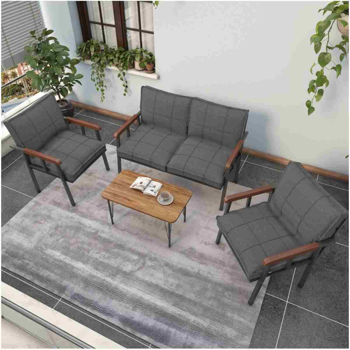 Mygusi " Modern'' Serisi Balkon, Bahçe, Cafe - Metal Kanepe Koltuk Takımı - 2 1 1 - Sehpalı Koyu Gri - Görsel 3