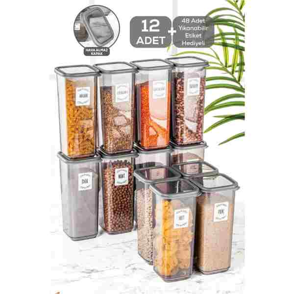 Meleni Home 12'li Set Jumbo Boy Sızdırmaz Kapaklı Kare Erzak Saklama Kabı Antrasit 12 X 1.70 Lt Etiketli