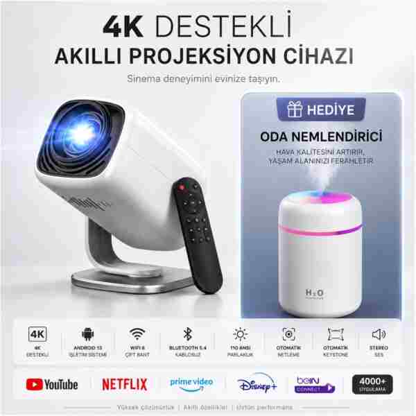 TARÇIN 4K Destekli Yeni Nesil Taşınabilir Akıllı Projektör -Oda Nemlendirici Hediyeli!- WiFi 6 Ultra Hızlı Bağlantı, Sinema Keyfi