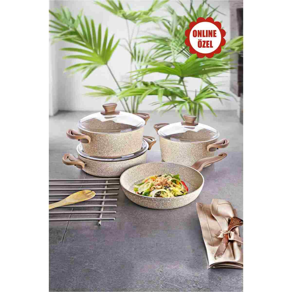 LAVONNI Diez 7 Parça Ezme Granit Tencere Seti- Cappuccino - 20/24 Derin / 26 Basık / 26 Tava - Görsel 7