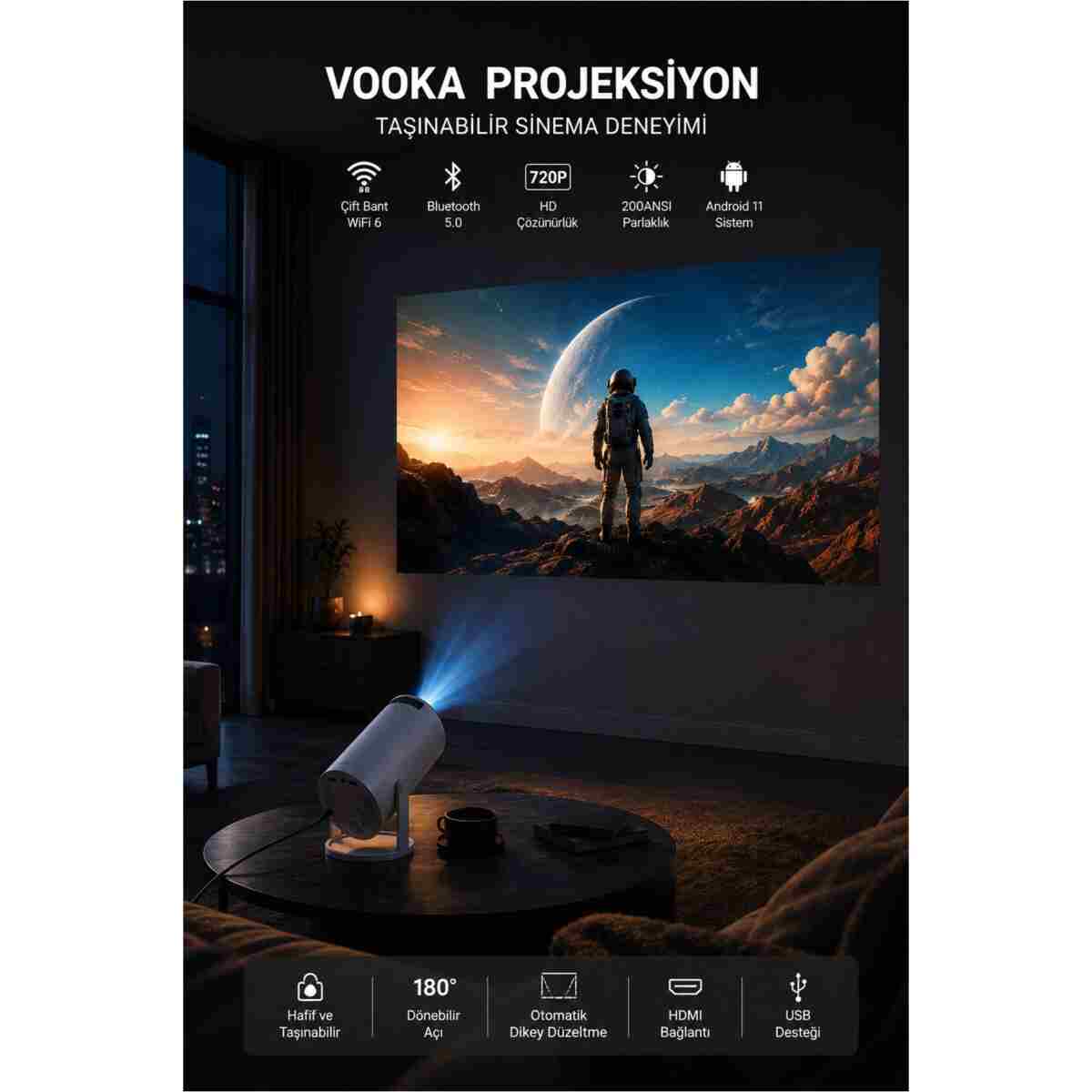 VOOKA Taşınabilir Mini Projeksiyon Cihazı Android 11 Wifi Bluetooth Akıllı Ev Sineması Projektör - Görsel 7