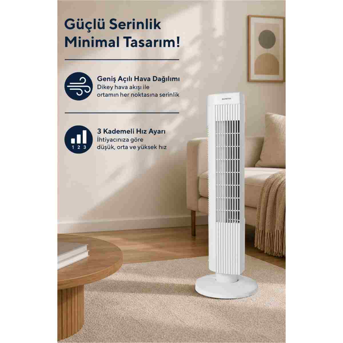 KUMTEL KTF-258W Kule Tipi Beyaz Vantilatör – 50W, Zaman Ayarlı, 3 Hız Kademeli, Sessiz Çalışma - Görsel 2
