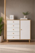 Kardelahome Kardela Premium Mdf Şifonyer 5 Çekmeceli Kapaklı Dolaplı Beyaz Atlantik Çam - Görsel 3