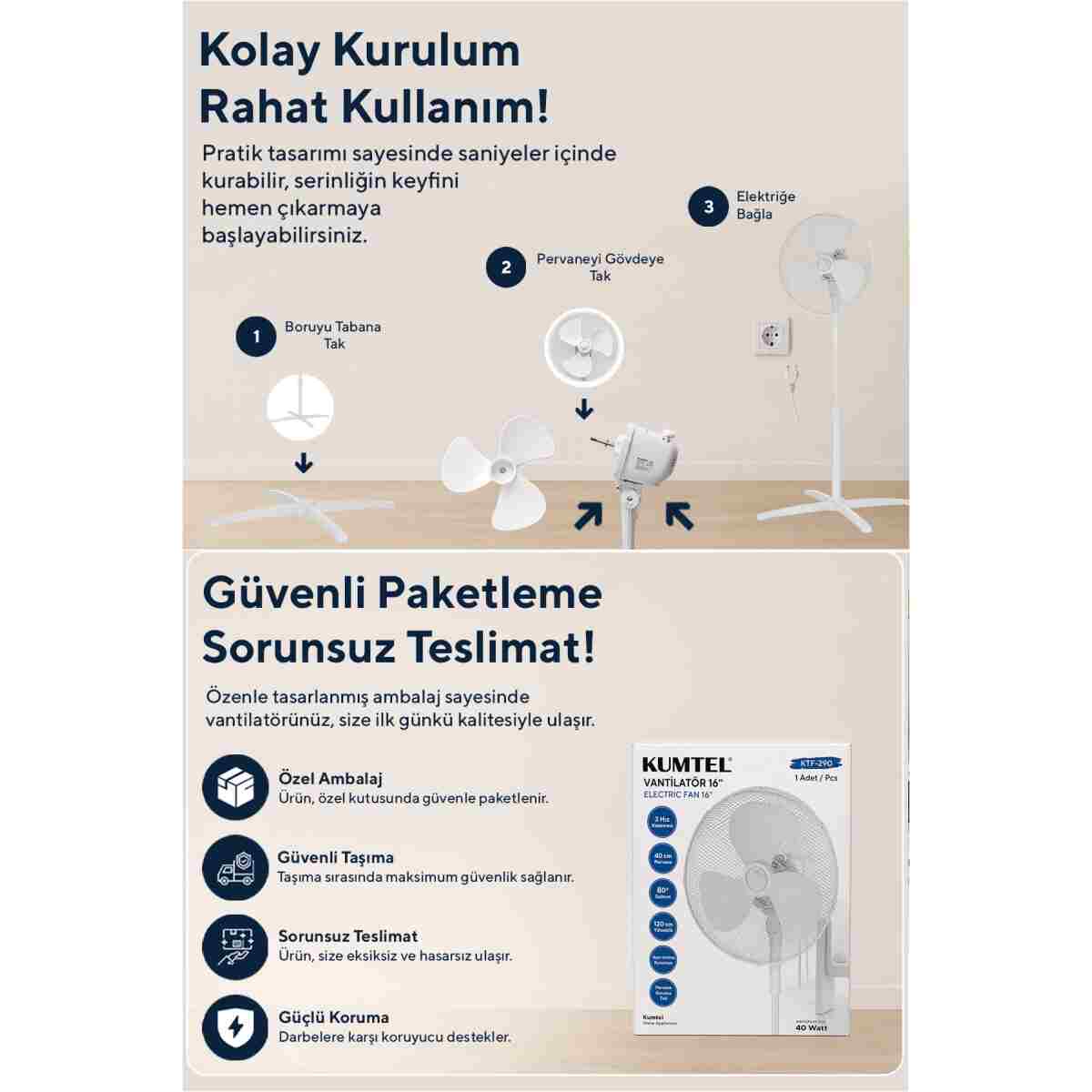 KUMTEL Beyaz Vantilatör 16'' (3P) Ktf-290 - Görsel 7