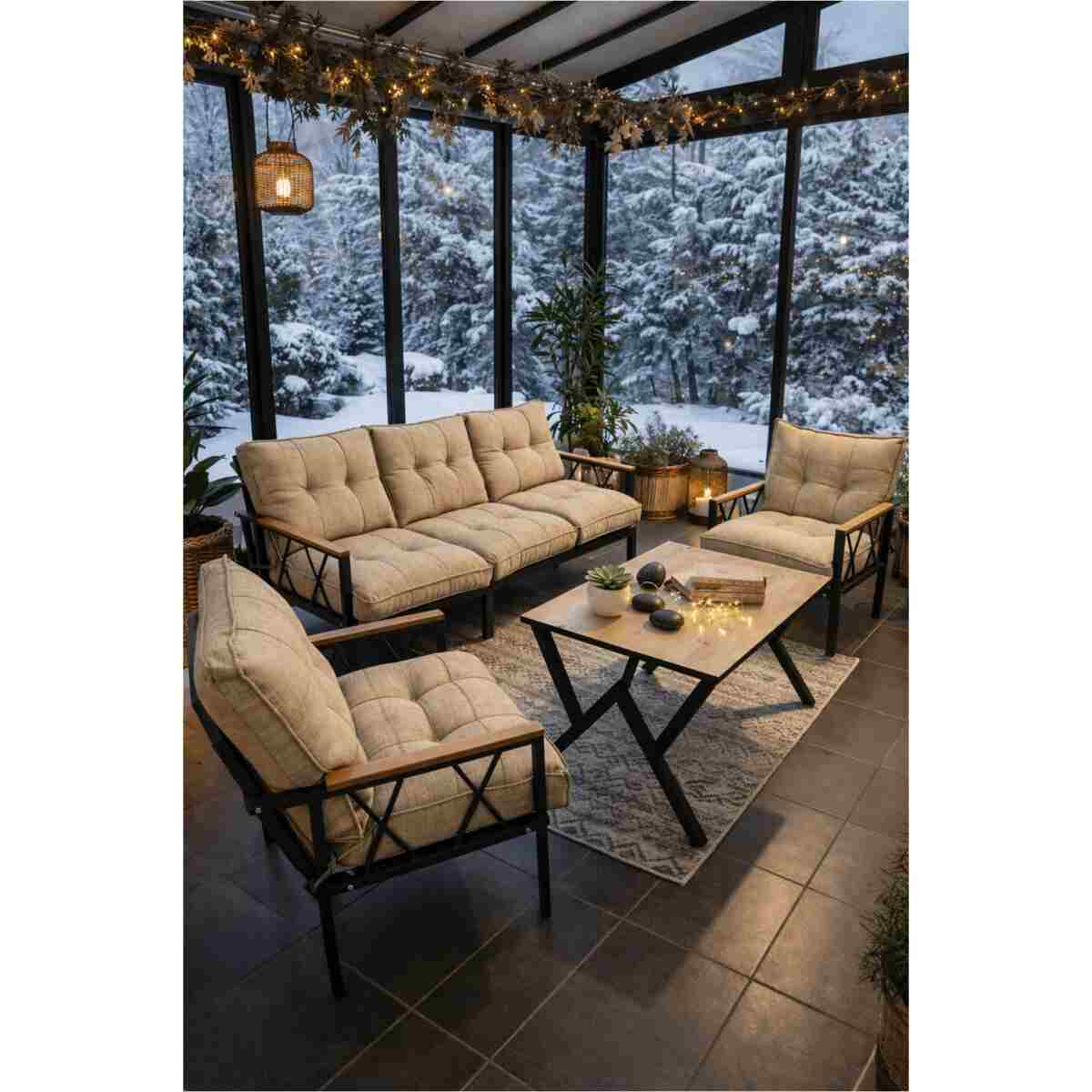 UFUK HOME Miray 311 Masalı Gri Fermuarlı Bahçe Balkon Takımı, Salon, Teras- Berjer Düğmeli Metal Çay Seti - Görsel 6