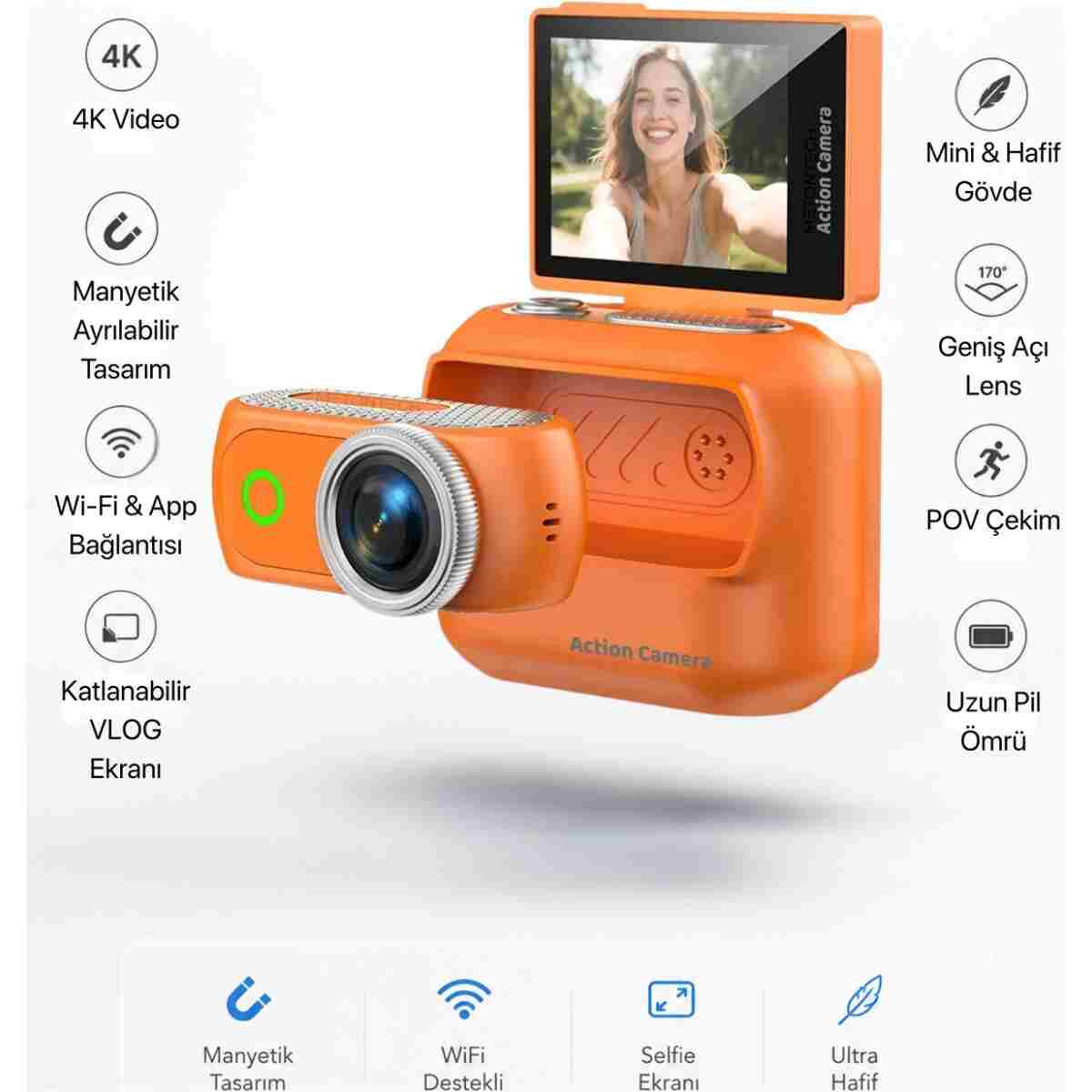 METONTECH mini 4K Aksiyon Kamerası Wi-Fi | VLOG, Açılabilir Selfie Ekranı | Manyetik Şarj Kutusu, Siyah - Görsel 9