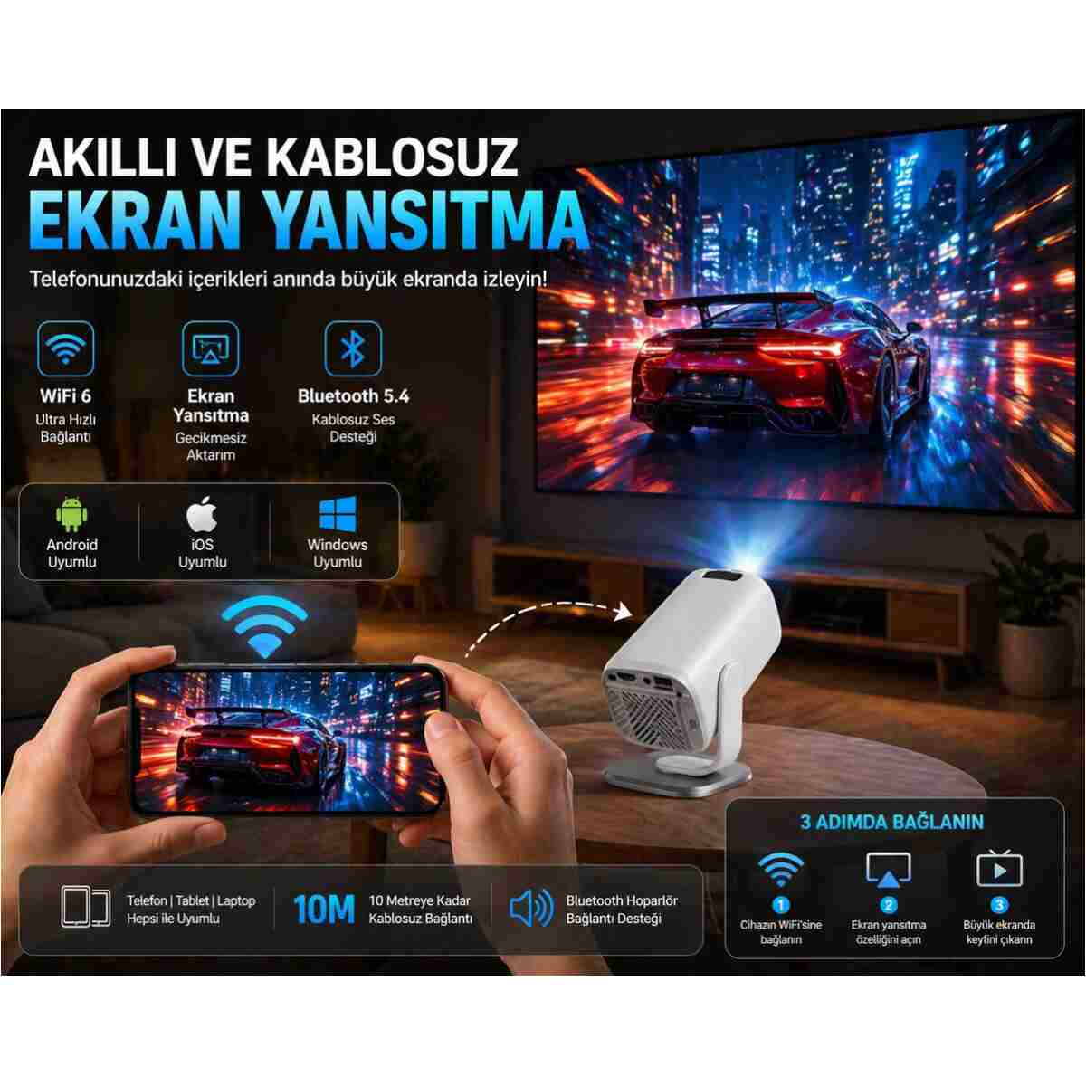 TARÇIN 4K Destekli Yeni Nesil Taşınabilir Akıllı Projektör -Oda Nemlendirici Hediyeli!- WiFi 6 Ultra Hızlı Bağlantı, Sinema Keyfi - Görsel 10