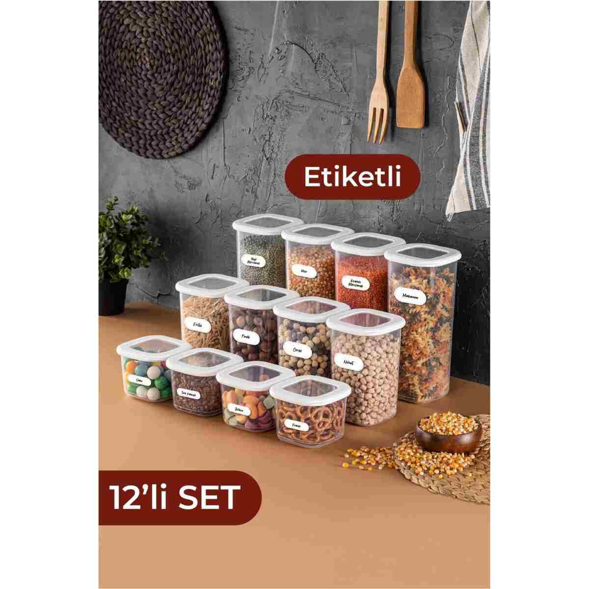 Vienev Foly 12'li Set Küçük Boy 0,55 Litre Etiketli Kaşıklı Kare Erzak Saklama Kabı Beyaz - Görsel 7