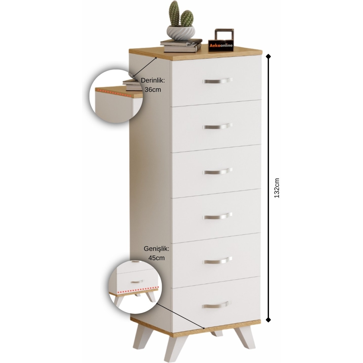 AEKA AE-3038 Belinda 6 Çekmeceli Beyaz Çam Şifonyer Komodin 132*45*36 cm - Görsel 2