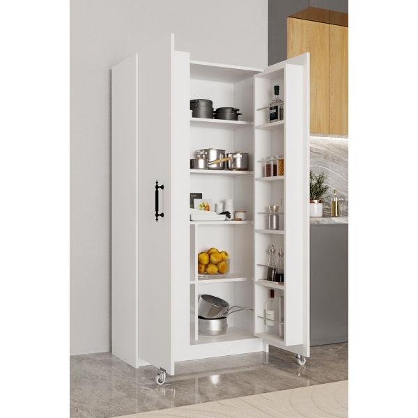 AEKA Ae-3035 Vezir Beyaz Kiler, Erzak Dolabı, Çok Amaçlı Mutfak Dolabı, Banyo,2 Kapaklı, Raflı, Tekerli