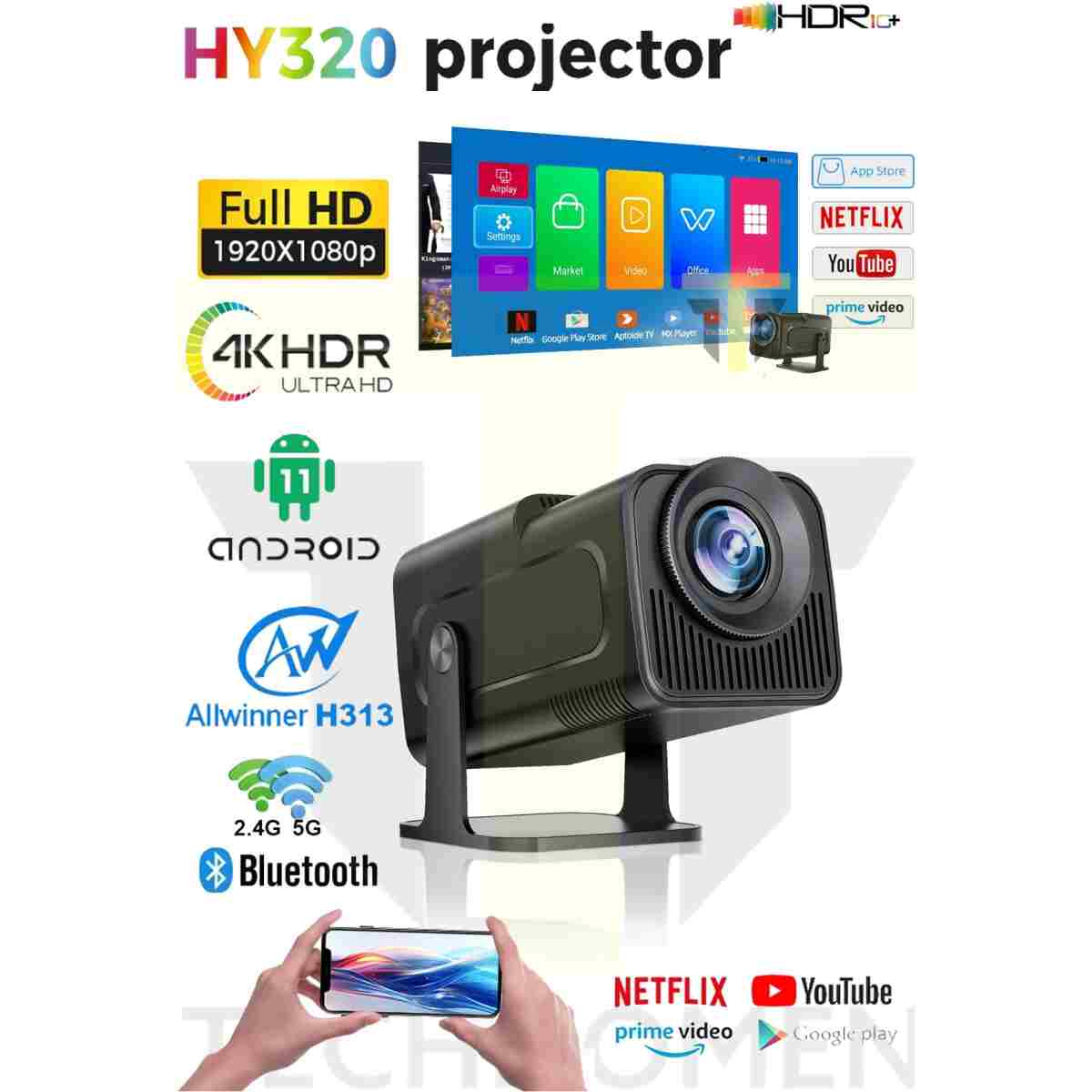 TECHNOMEN Taşınabilir Sinema Projektörü 1280 * 720P Ev Sineması Bluetooth Android 11 Akıllı Projeksiyon Wifi - Görsel 8
