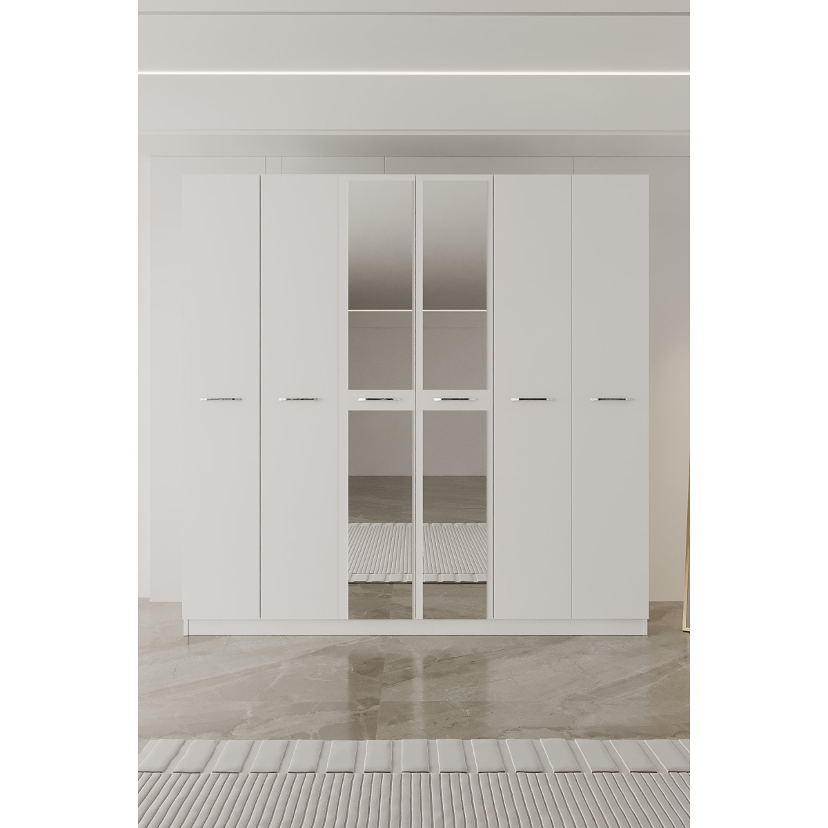 AEKA AE-2191 Hisar Beyaz/Beyaz Aynalı 6 Kapaklı Çok Bölmeli Askılı ve Raflı Geniş Hacimli Gardırop 210x210 cm - Görsel 5