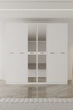 AEKA AE-2191 Hisar Beyaz/Beyaz Aynalı 6 Kapaklı Çok Bölmeli Askılı ve Raflı Geniş Hacimli Gardırop 210x210 cm - Görsel 5