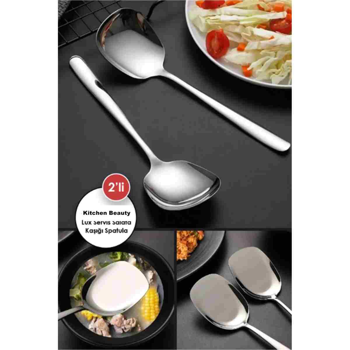 Kitchen Beauty Pratik 2 ADET Paslanmaz Gold Çelik Lüx Servis Salata Kaşığı Spatula Çelik Yemek Servis Kaşığı 21cm - Görsel 4