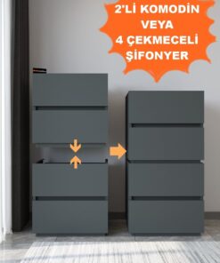 AEKA Ae-2034 Galata 4 Çekmeceli Patentli Antrasit Şifonyer Yatak Odası Bebek Odası Komodin