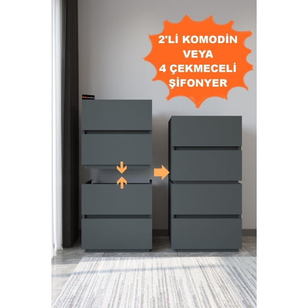 AEKA Ae-2034 Galata 4 Çekmeceli Patentli Antrasit Şifonyer Yatak Odası Bebek Odası Komodin