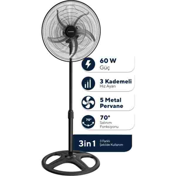 KUMTEL KTF-340 Siyah 18 İnç Sanayi Tipi Vantilatör 3in1 60 W,5 Kanatlı, 3 Kademeli, 132 cm