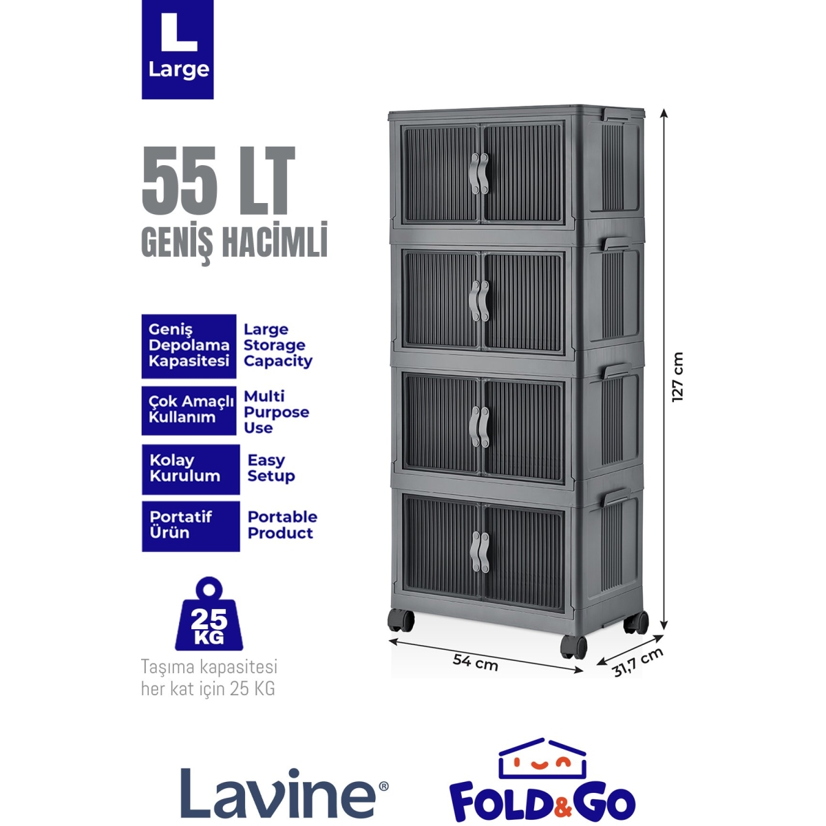 obido Lavine Fold&go 4'lü Portatif Organizer Tekerlekli Dolap Çok Amaçlı Kapaklı Katlanır ”antrasit” - Görsel 2