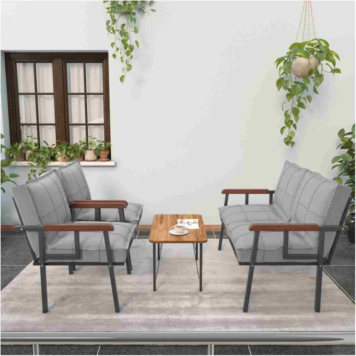 Mygusi " Modern'' Serisi Balkon, Bahçe, Cafe - Metal Kanepe Koltuk Takımı - 2 1 1 Sehpa Hediyeli - Açık Gri - Görsel 2