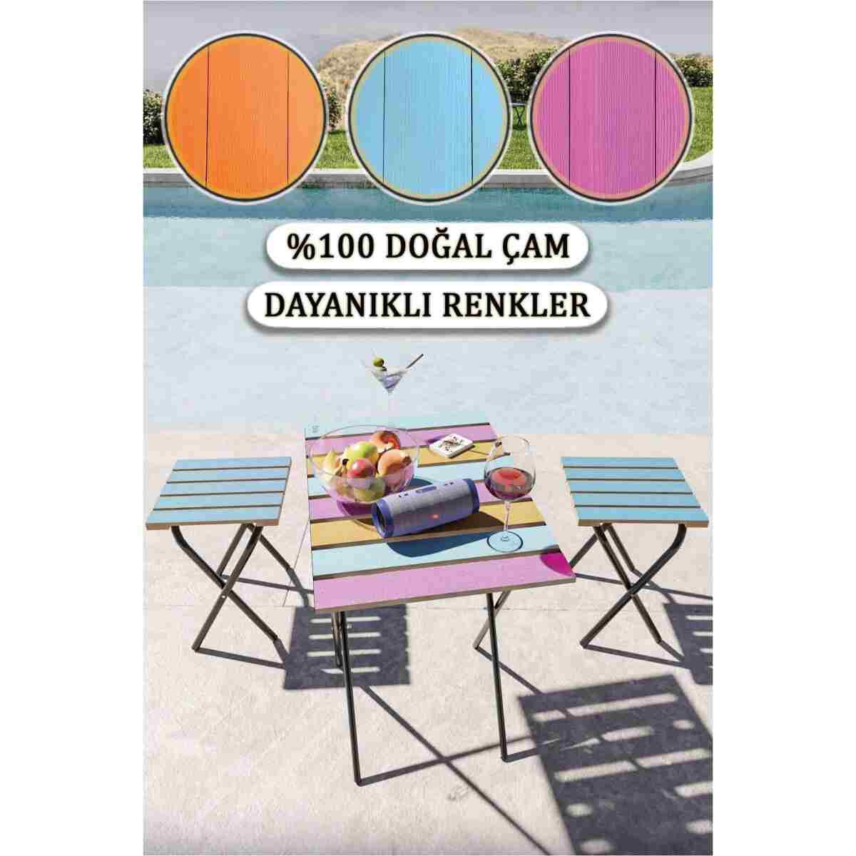 Bino Bahçe Masası Kamp Masası Yükseklik Ayarlı Masa Sandalye Bistro RENKLİ Kamp Masası Taburesi 3'lü Set - Görsel 4