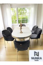 NUNKA HOME Arya Gold Line Serisi Antrasit Renk +6 Sandalyeli Mdf Lak Panel Beyaz Masa Takımı