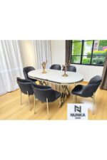NUNKA HOME Arya Gold Line Serisi Antrasit Renk +6 Sandalyeli Mdf Lak Panel Beyaz Masa Takımı - Görsel 2