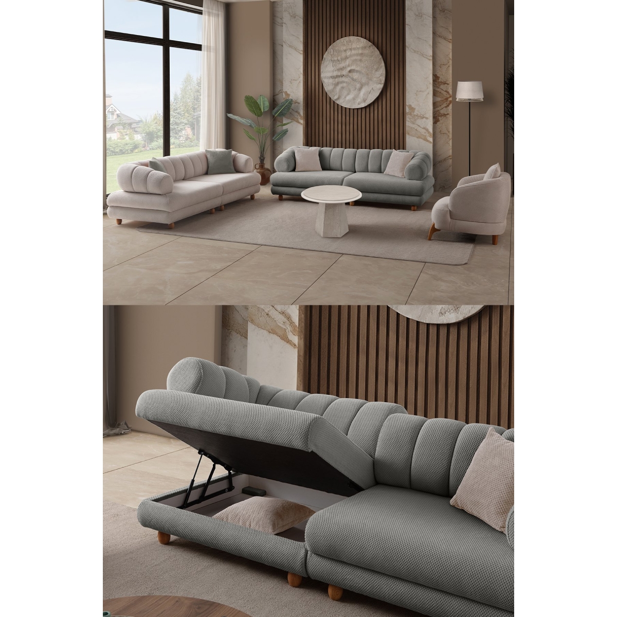 Eymense Gloria Sırt Mekanizmalı Modüler Sandıklı Koltuk Takımı 3+3+1 Sütlü Kahve - Görsel 12