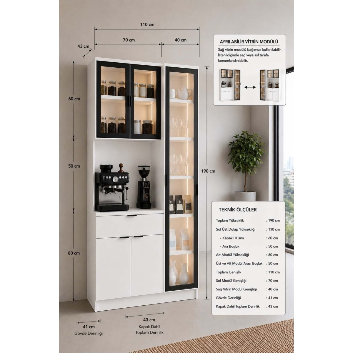 Misterium Dream Premium Kahve İstasyonu - Kahve Köşesi ve Mutfak Ünitesi - Beyaz Füme Temperli Camlı LED Modül - Görsel 8
