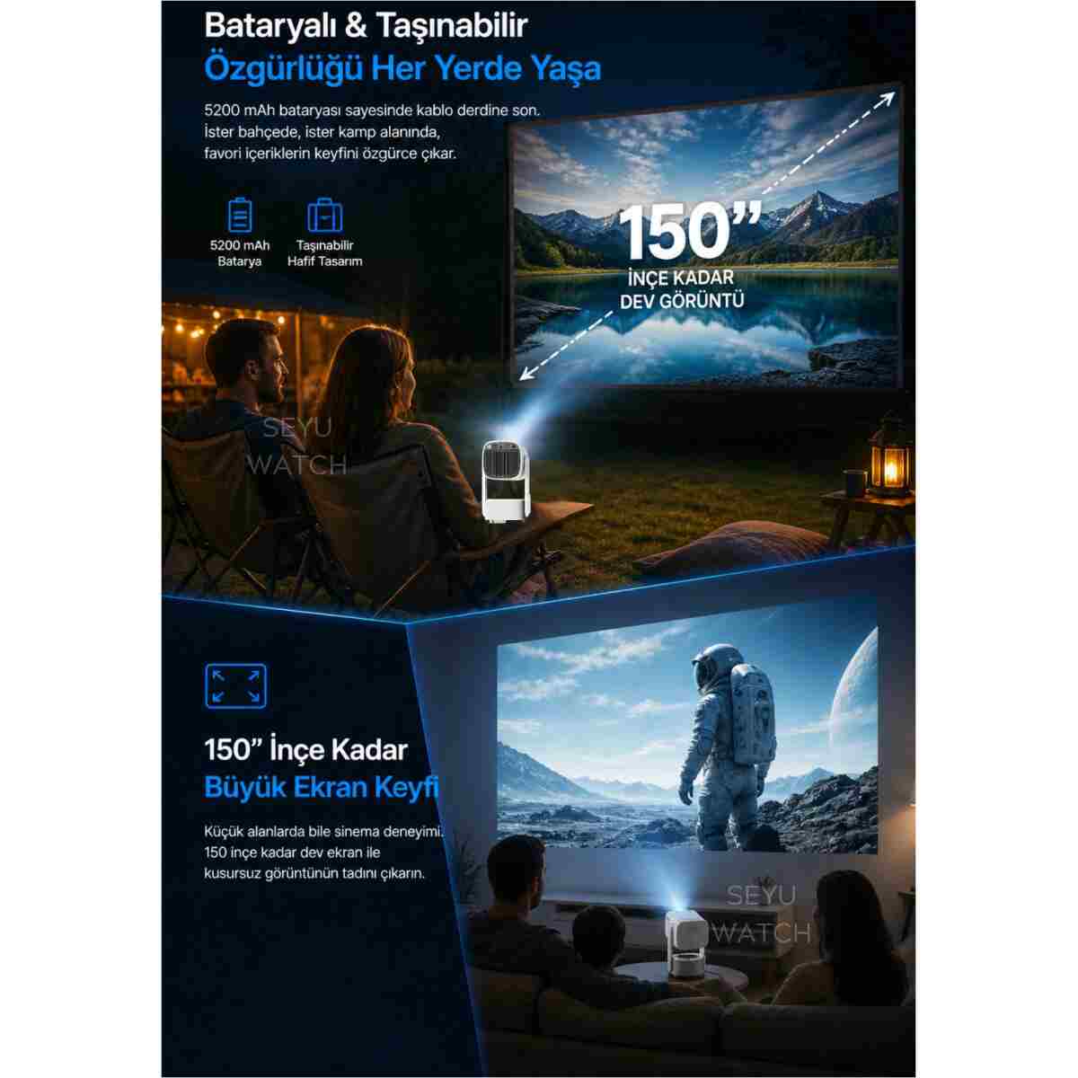 SEYUWATCH Taşınabilir Powerbankli 4K Destekli 1080P Android Sistemli Sinema Projeksiyon Cihazı - Görsel 8