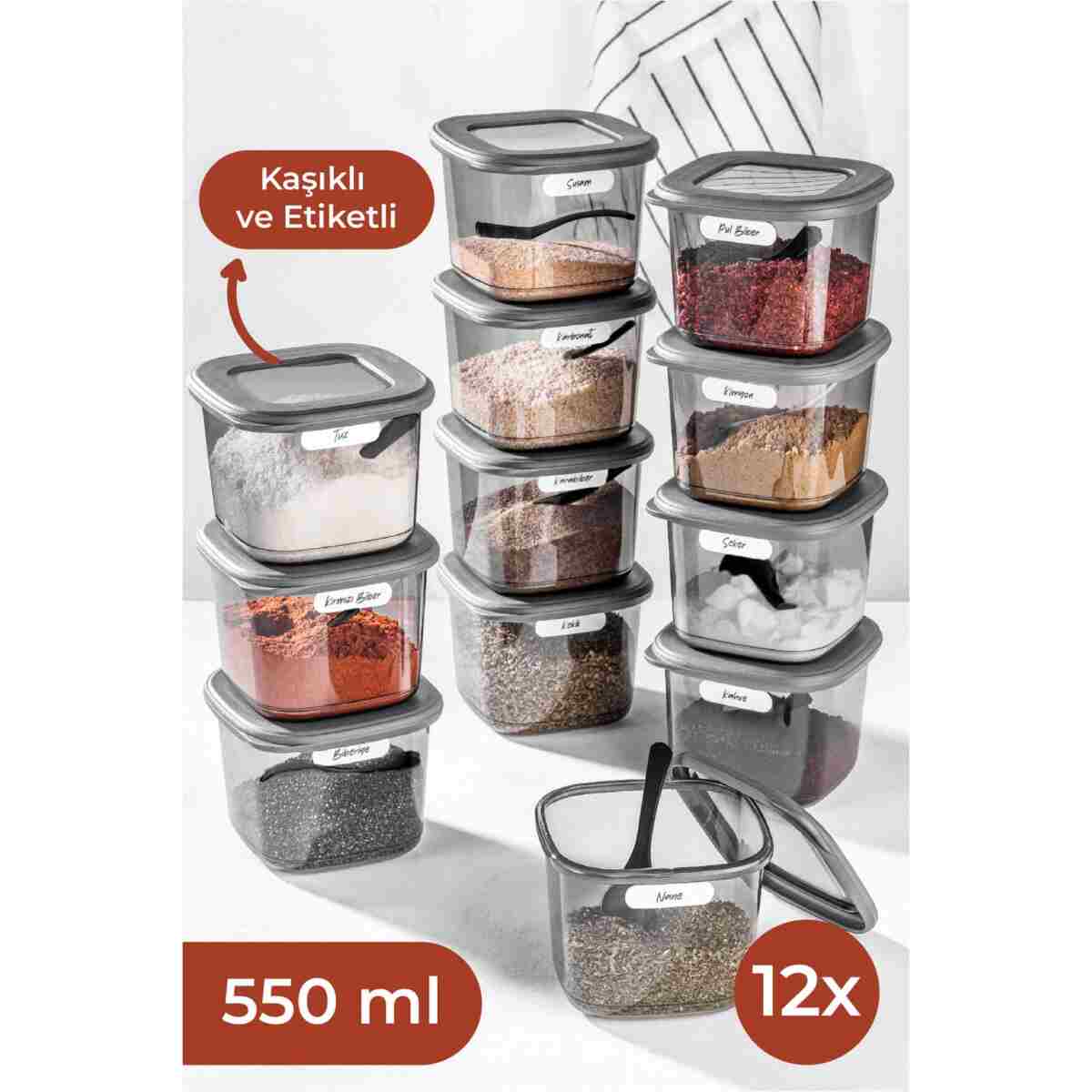 Vienev Foly 12'li Set Küçük Boy 0,55 Litre Etiketli Kaşıklı Kare Erzak Saklama Kabı Beyaz - Görsel 6