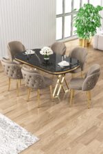 Canisa Zae Serisi 90x168 Lak Panel Siyah Mermer Desen Gold Ayak Masa Takımı 6 Gri Sandalye - Görsel 5