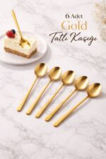 Kitchen Beauty 6 Adet Lüx Paslanmaz Çelik Kaşık Gold Uzun Saplı Yuvarlak Tatlı Kaşığı Kahve Dondurma Espresso Kaşık