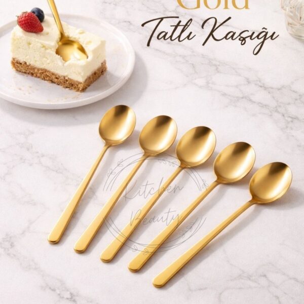 Kitchen Beauty 6 Adet Lüx Paslanmaz Çelik Kaşık Gold Uzun Saplı Yuvarlak Tatlı Kaşığı Kahve Dondurma Espresso Kaşık
