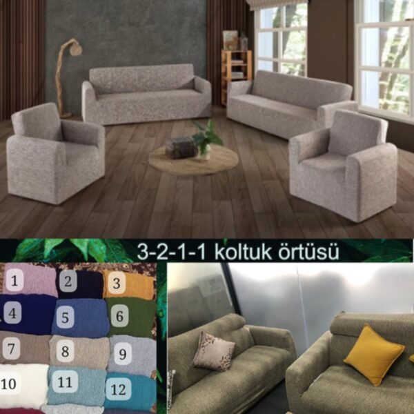 Gerbera Home Collection Jakarlı Ağaç Kabuğu Koltuk Örtüsü Takımı 3+2+1+1 Bej Renk