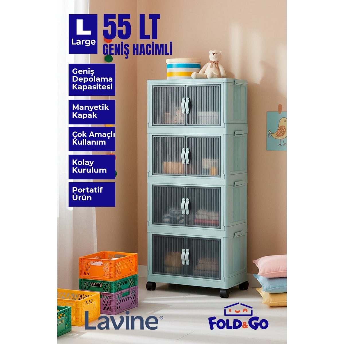 obido Lavine Fold&go 4'lü Portatif Organizer Tekerlekli Dolap Çok Amaçlı Kapaklı Katlanır ”antrasit” - Görsel 11