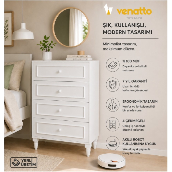 VENATTO Romantic 4 Çek,avangart,beyaz Şifonyer(%100MDF)