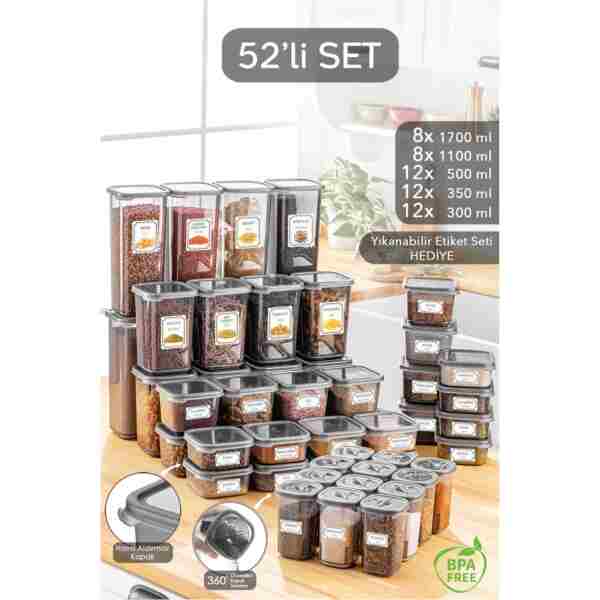 Meleni Home 52 Parça Mega Seti Kare Erzak Ve Bakliyat Saklama Kabı Baharatlık 12x(300ML 500ML) 8x(1100ML 1700ML)