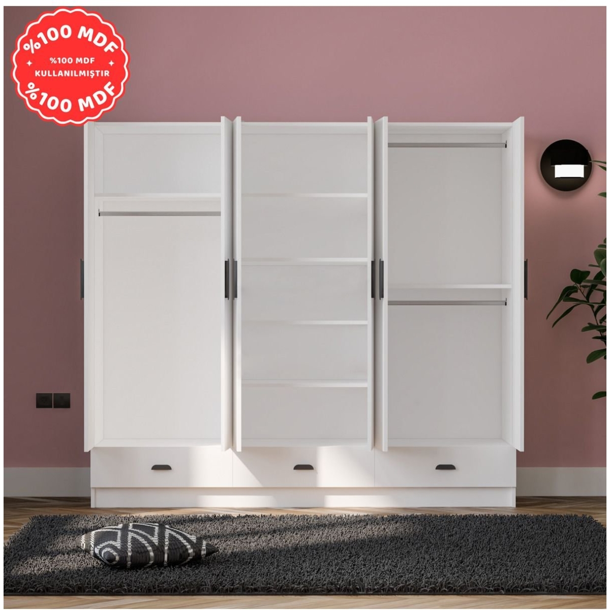 İMBAŞ İnci 6 Kapak 3 Çekmeceli Gardırop %100 MDF - Görsel 8