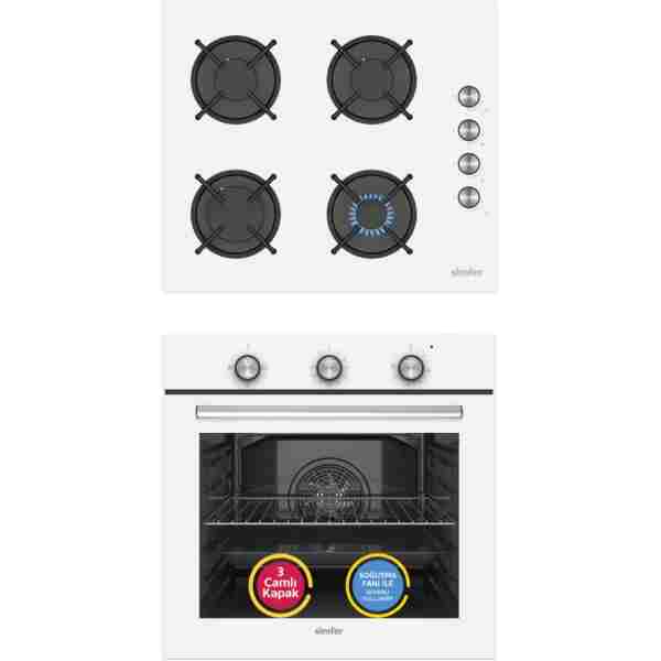 Simfer Ankastre Set Beyaz Cam Ocaklı Mekanik Power Turbo Fanlı 2'li Set (Fırın + Ocak)
