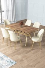 Canisa Prah Serisi 90x160 Lak Panel Hazar Gold Ayak Masa Takımı 6 Cappucino Sandalye - Görsel 5