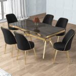 Canisa Prah Serisi 90x160 Lak Panel Antrasit Ironi Gold Ayak Masa Takımı 6 Siyah Sandalye