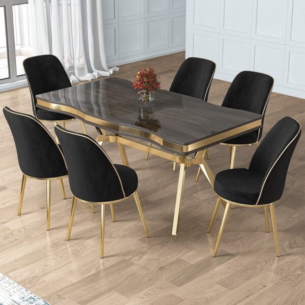 Canisa Prah Serisi 90x160 Lak Panel Antrasit Ironi Gold Ayak Masa Takımı 6 Siyah Sandalye
