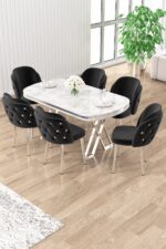 Canisa Zae Serisi 90x168 Lak Panel Beyaz Mermer Masa Krom Ayak Masa Takımı Ve 6 Krem Sandalye - Görsel 4