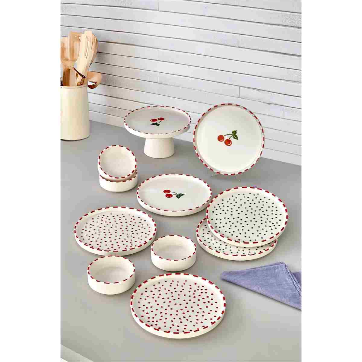 Kitchen Life 11 Parça 6 Kişilik Cherry Stackable Kahvaltı Takımı - Kirazlı Kahvaltılık Sunum Tabağı - Görsel 13