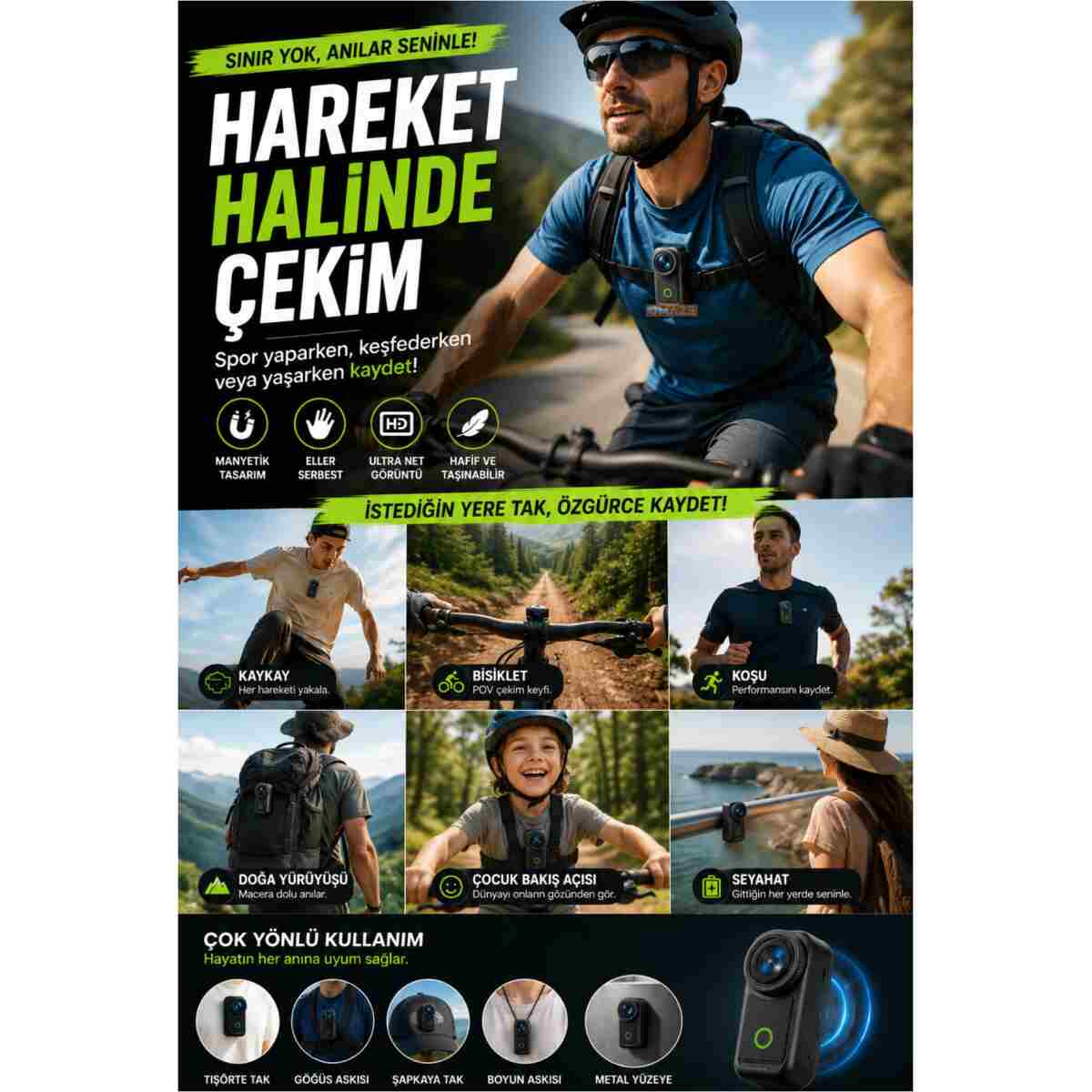 Omaze 4K Ultra HD Hareketli Ekranlı Profesyonel Aksiyon Kamerası Manyetik Tutuş Flip Ekran Full Aparat - Görsel 12