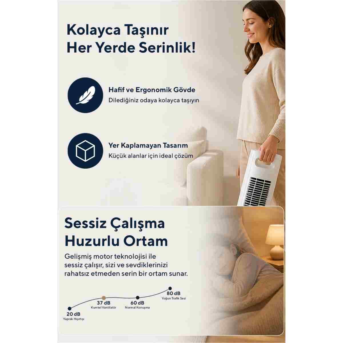 KUMTEL KTF-258W Kule Tipi Beyaz Vantilatör – 50W, Zaman Ayarlı, 3 Hız Kademeli, Sessiz Çalışma - Görsel 11