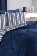 Eponj Home Çift Kişilik Uyku Seti Wellsoft Yorganlı Pofuduk 4 Parça Soft Line Lacivert - Görsel 3