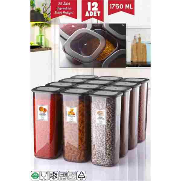 Nandy Home Etiketli 12 Adet 1750 Ml Ekonomik Kırılmaz Antrasit Saklama Kabı