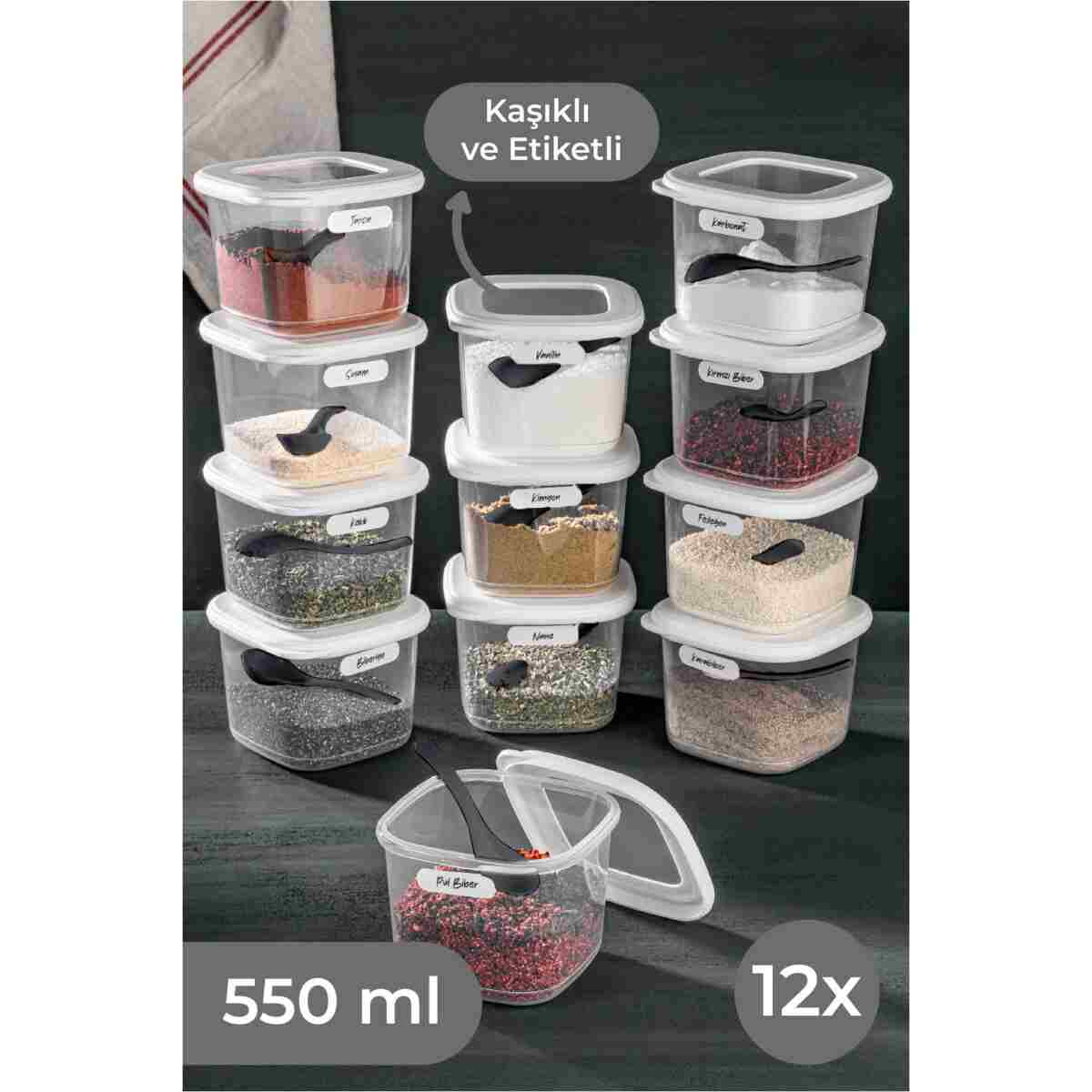 Vienev Beyaz Serigrafi Etiketli Kaşıklı Kare Erzak Saklama Kabı 12'li Set Küçük Boy 0,55 Litre - Görsel 10