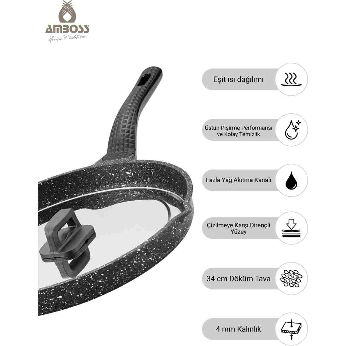 Amboss Döküm Granit Kapaklı Balık Tavası 34 cm - Görsel 4
